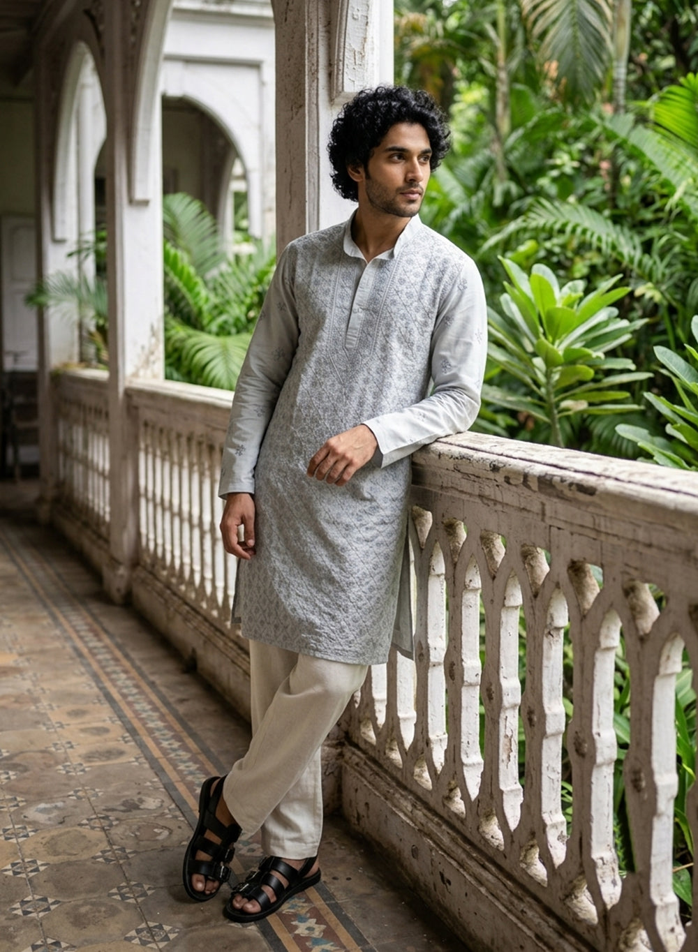 Gray - Nawab Floral Front Jaal Cotton Chikankari Kurta