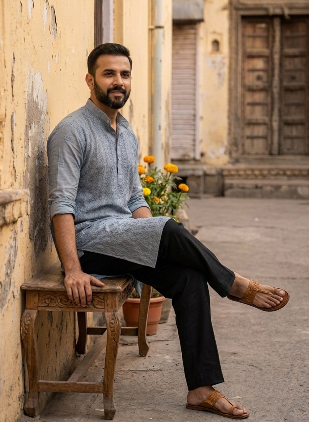 Gray - Nawab Cotton Vertical Design Front Jaal Chikankari Long Kurta