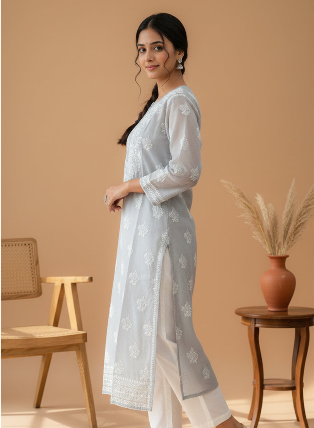 Grey With Crochet Lace - Cotton Terry Voile Bahaar Chikankari Kurta With Slip