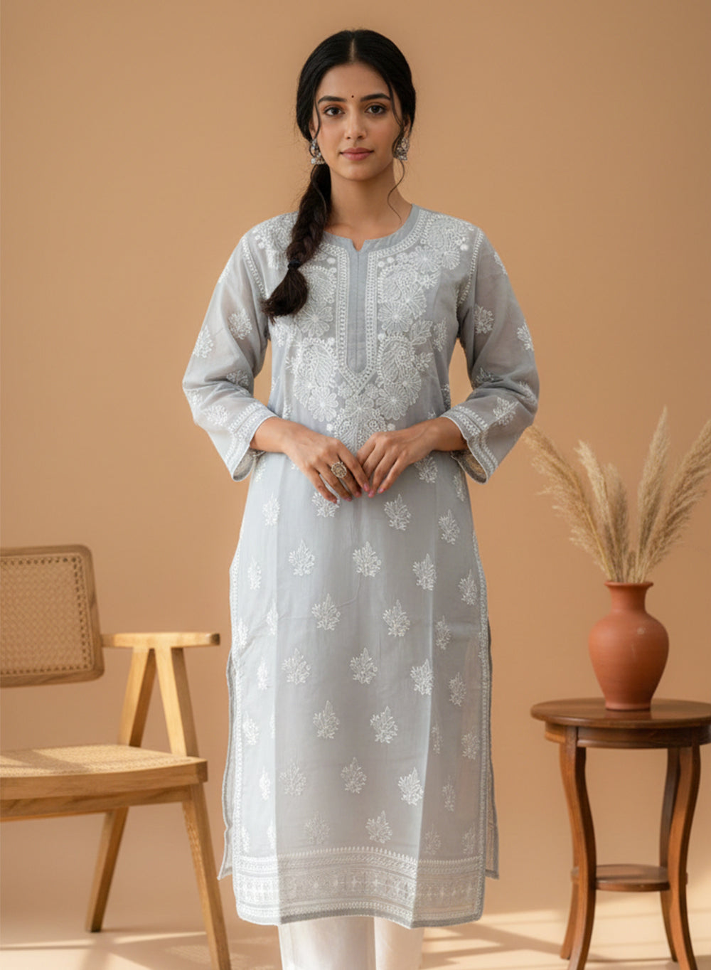 Grey With Crochet Lace - Cotton Terry Voile Bahaar Chikankari Kurta With Slip