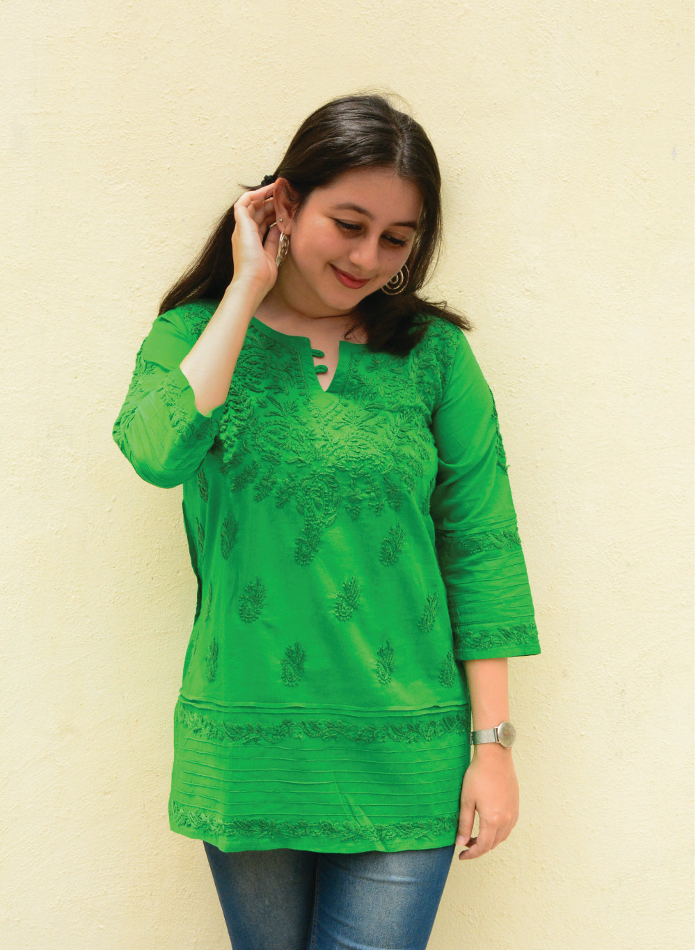 Green - Gulshan Paisly Cotton Chikankari Short Top