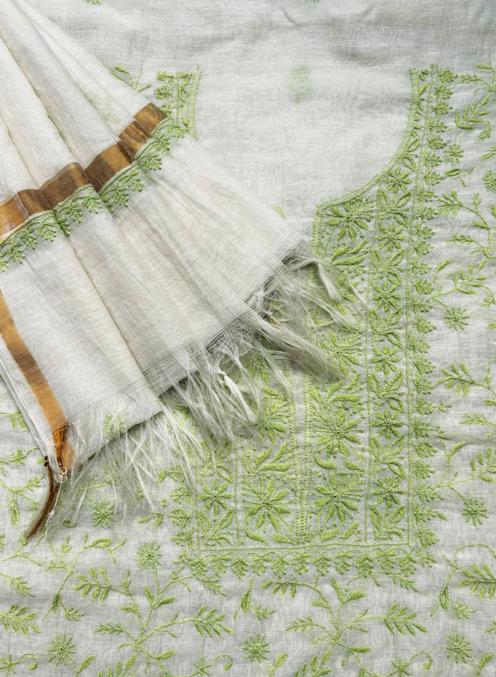 White & Green - Nayaab Mul Chanderi Chikankari Kurta Fabric