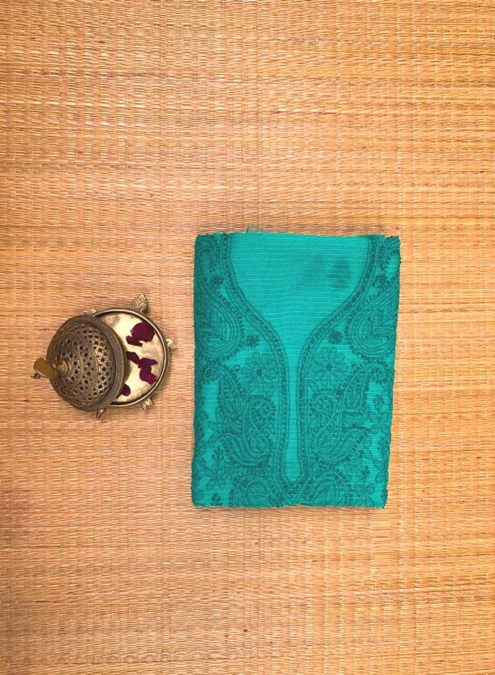 Green On Green Zari Border - Dhoop Kinaray Kota Cotton Chikankari Kurta Fabric