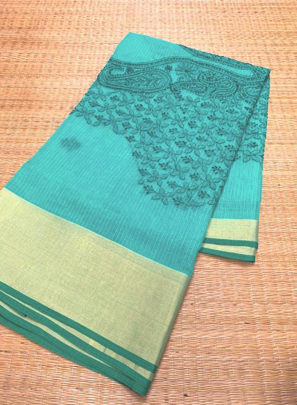 Green On Green Zari Border - Dhoop Kinaray Kota Cotton Chikankari Kurta Fabric