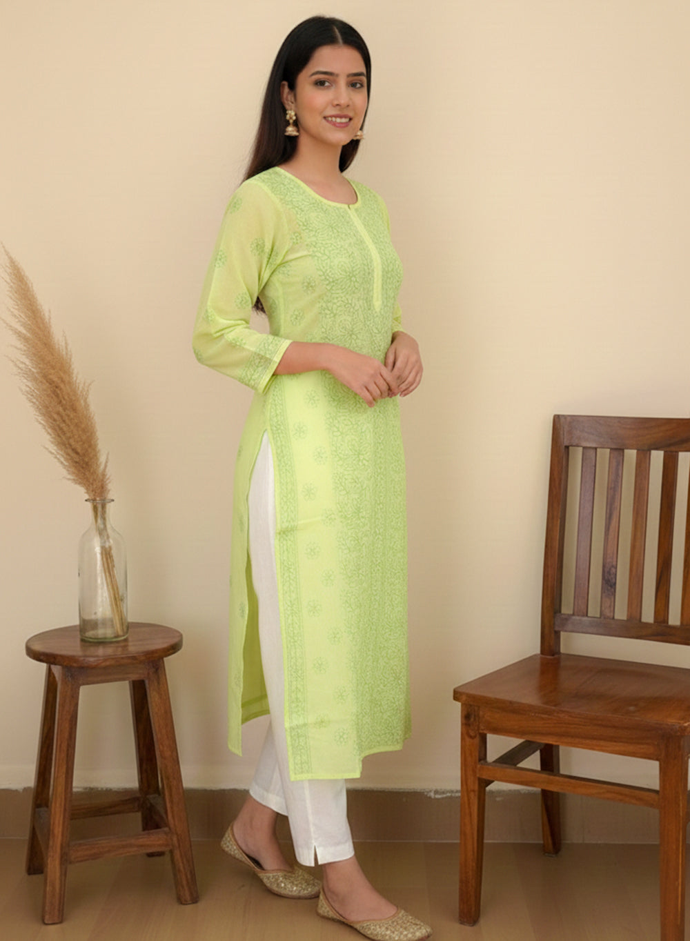 Green - Cotton Terry Voile Bahaar Chikankari Kurta