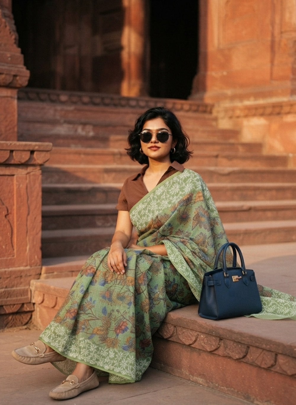 Aparajita Green - Aks Printed Kota Cotton Chikankari Saree