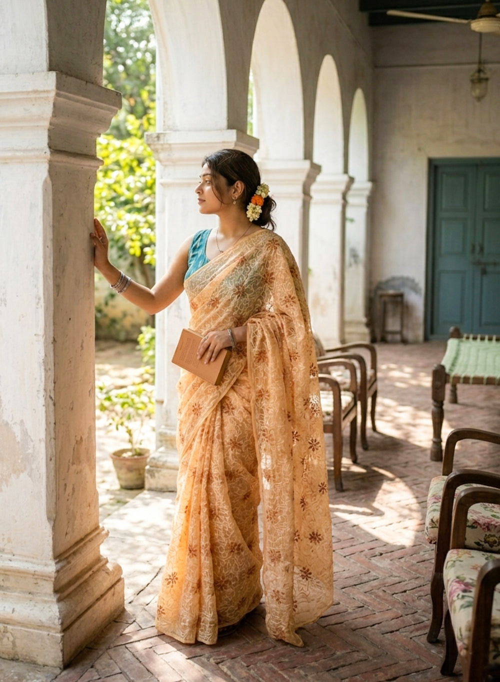Guncha Brown - Dual Thread Aks Cotton Tepchi Chikankari Saree
