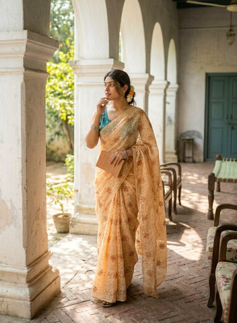 Guncha Brown - Dual Thread Aks Cotton Tepchi Chikankari Saree