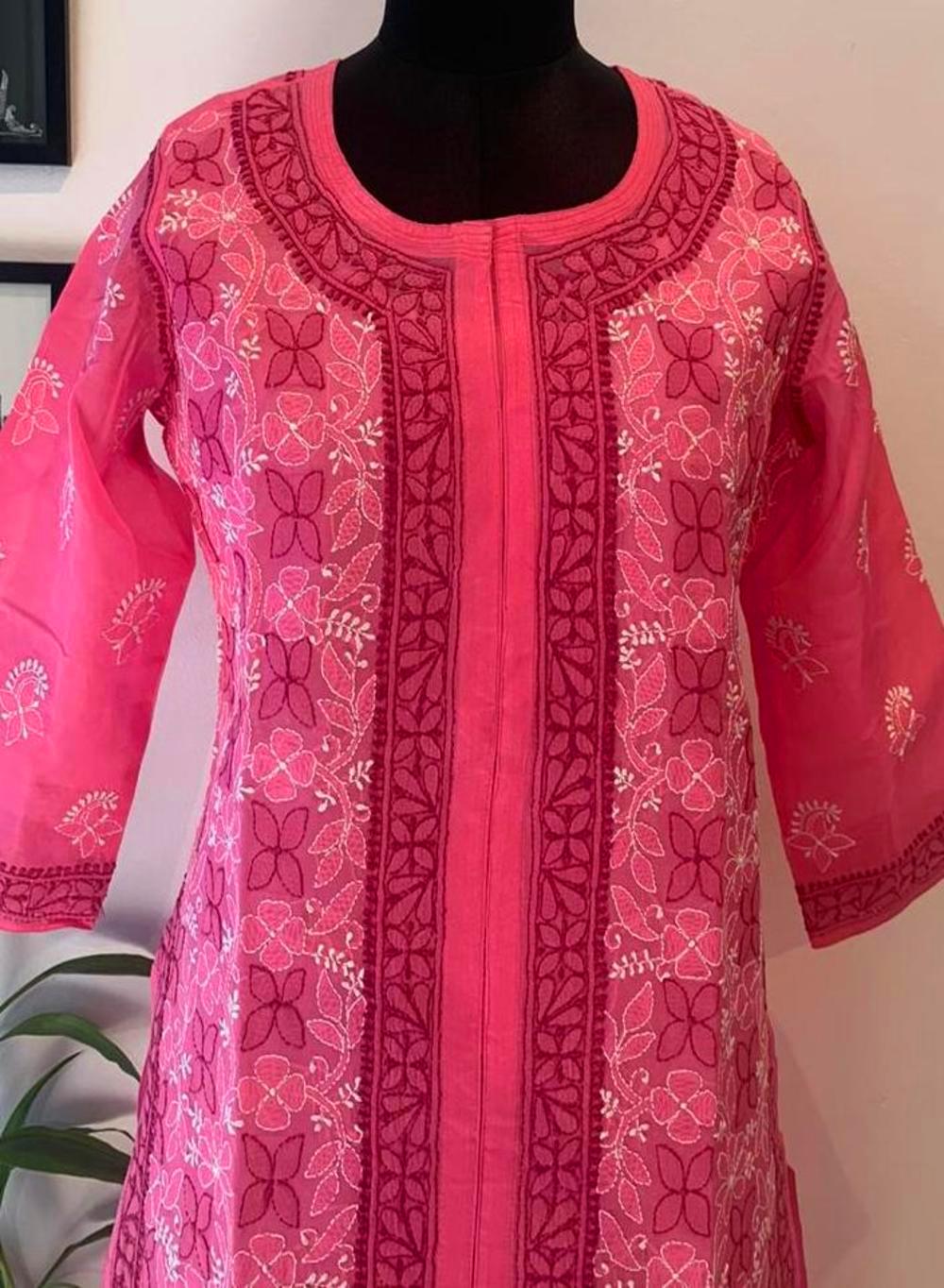 Hot Pink - Bahaar Front Slit Cotton Terry Voile Chikankari Kurta