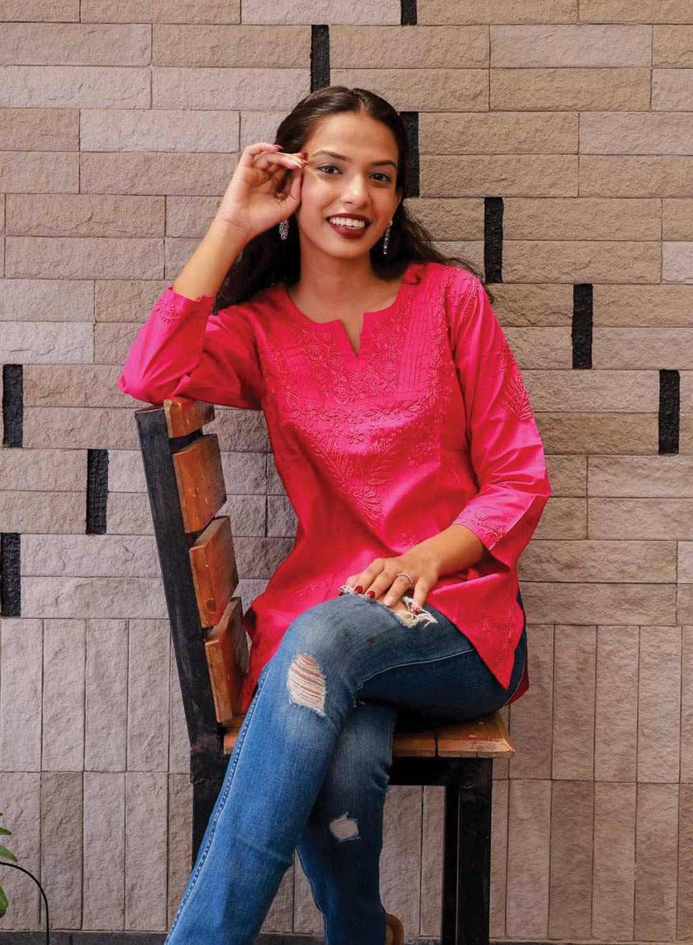 Hot Pink Checks - Gulshan Cotton Chikankari Short Top