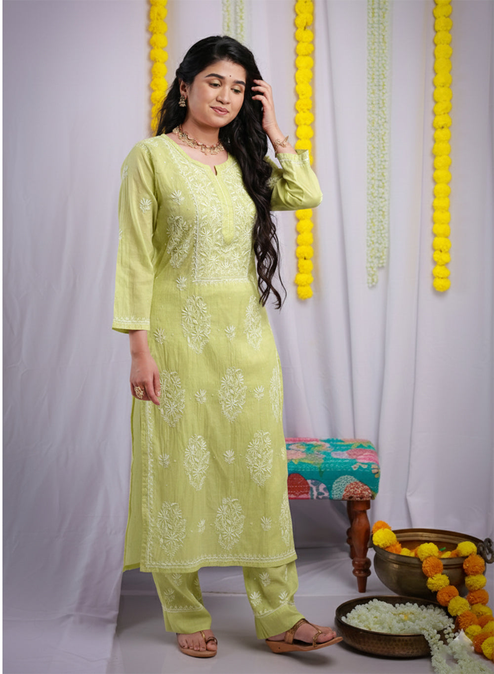 Eraya Lime Green - Mul Chanderi Nargis Chikankari Set