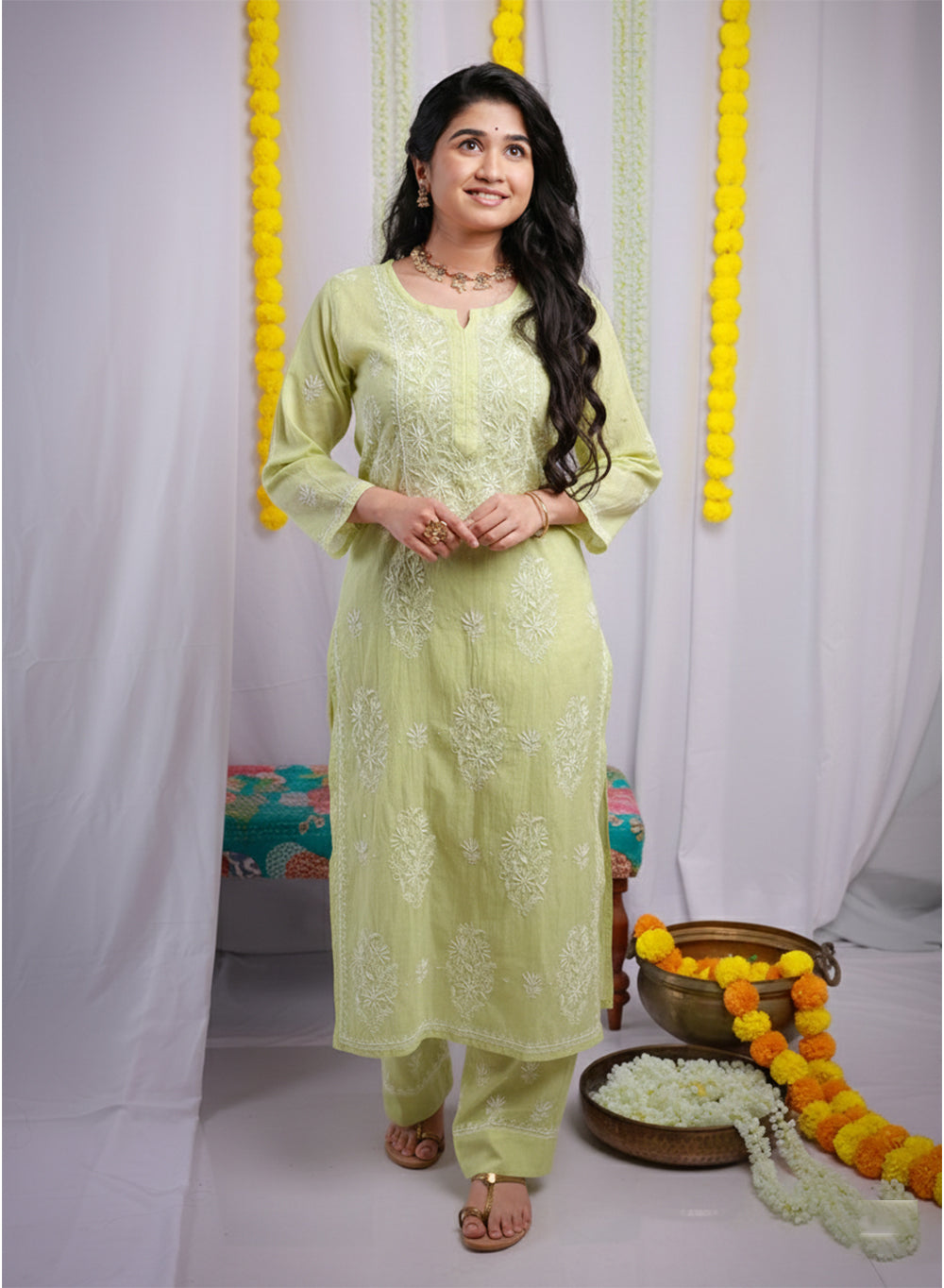 Eraya Lime Green - Mul Chanderi Nargis Chikankari Set