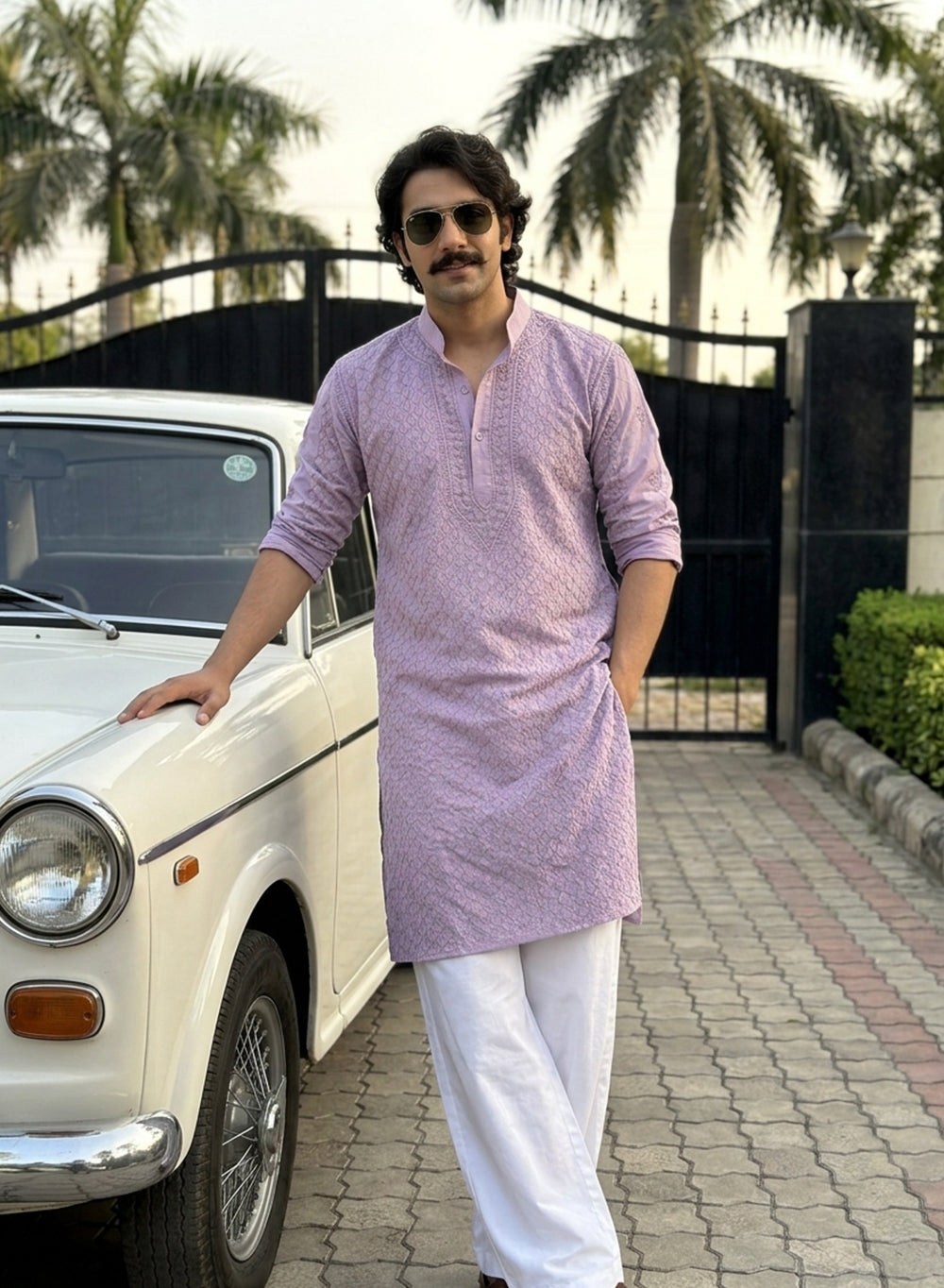 Lilac - Nawab Checkered Front Jaal Cotton Chikankari Kurta