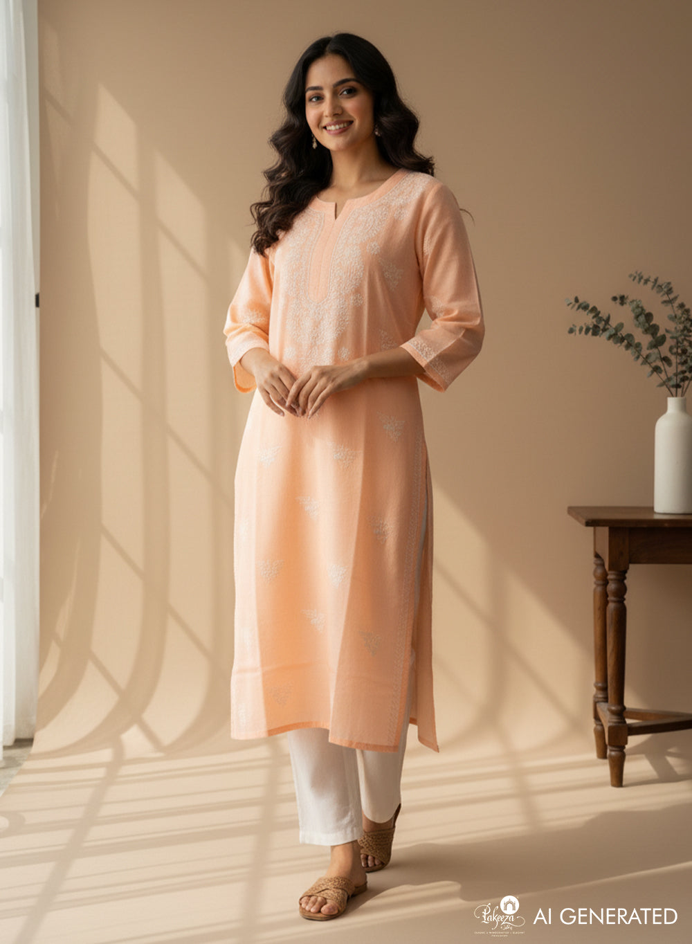 Light Orange - Bahaar Cotton Terry Voile Chikankari Kurta