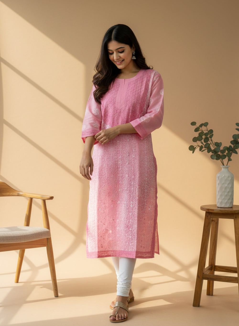 Light Pink - Bahaar Cotton Terry Voile Chikankari Kurta