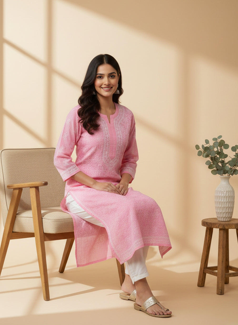 Light Pink - Bahaar Cotton Terry Voile Chikankari Kurta With Mukaish Work