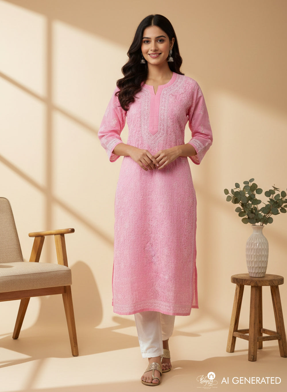 Light Pink - Bahaar Cotton Terry Voile Chikankari Kurta With Mukaish Work