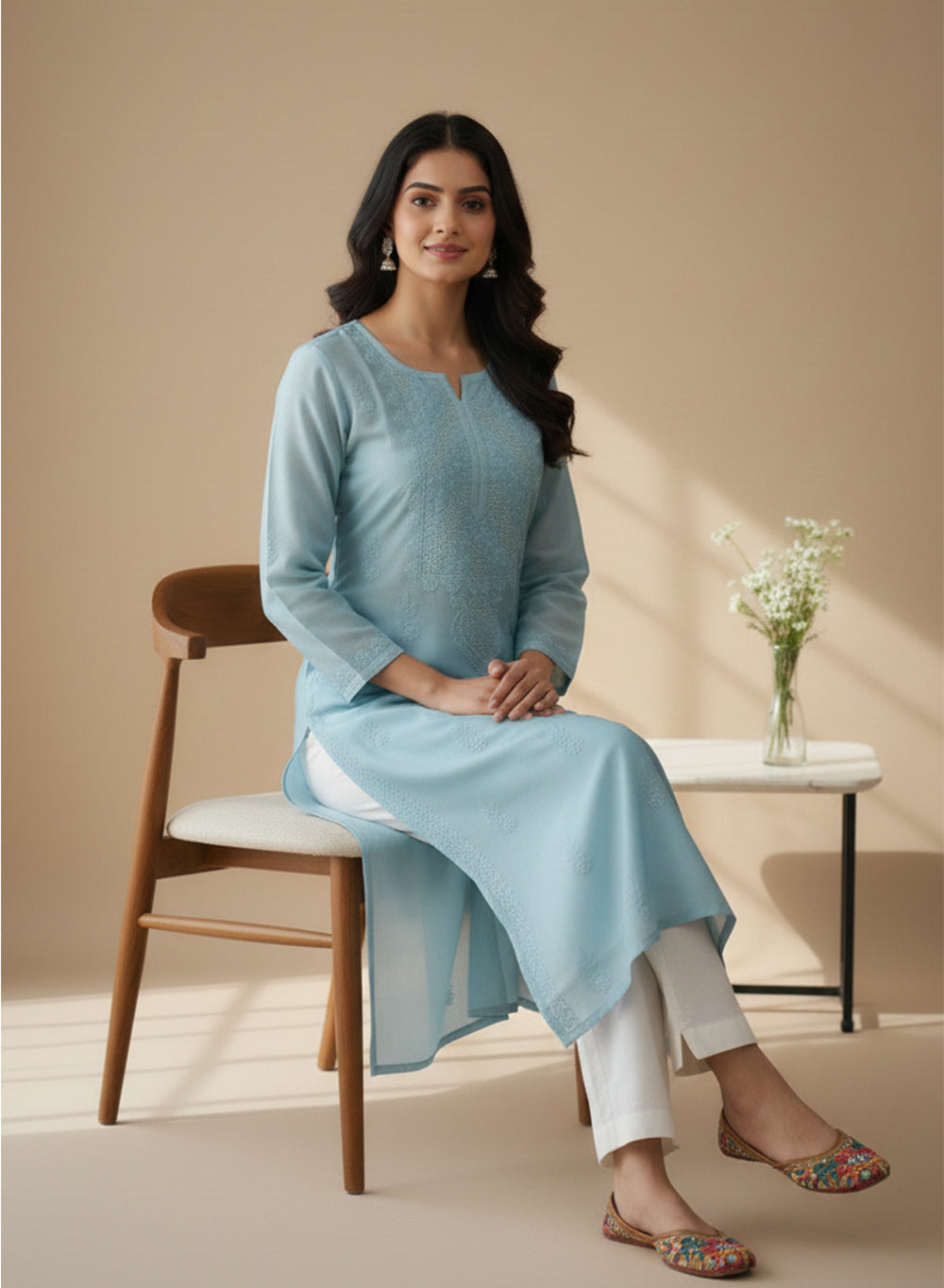 Swara Aqua Blue - Anjuman Chanderi Cotton Chikankari Kurta