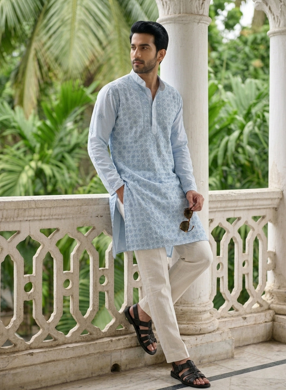 Light Blue - Nawab Floral Front Jaal Cotton Chikankari Kurta