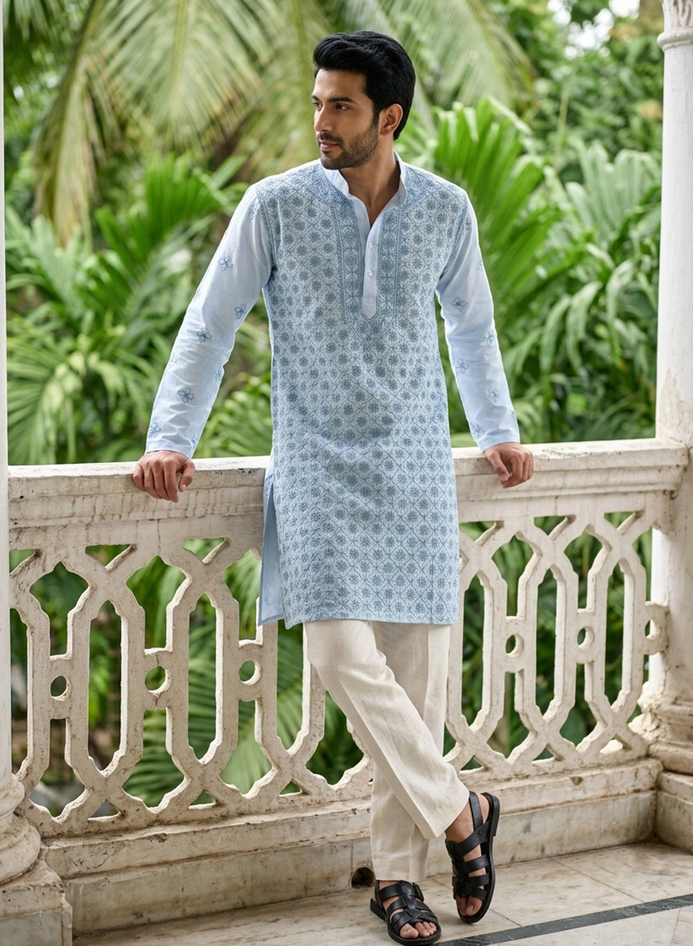 Light Blue - Nawab Floral Front Jaal Cotton Chikankari Kurta