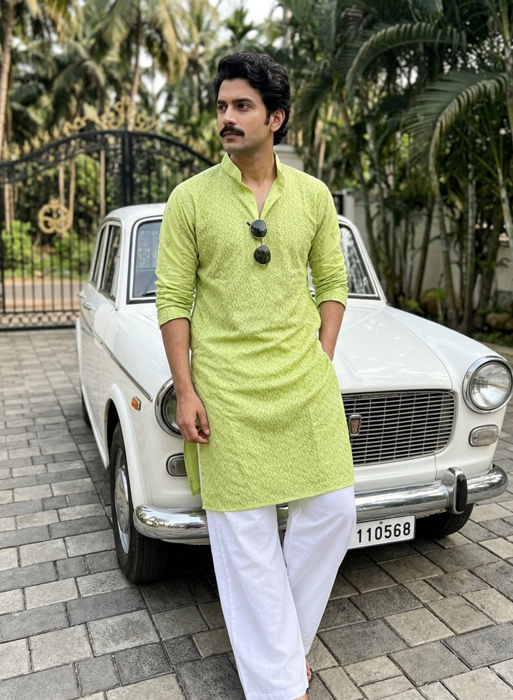 Light Green - Nawab Checkered Front Jaal Cotton Chikankari Kurta