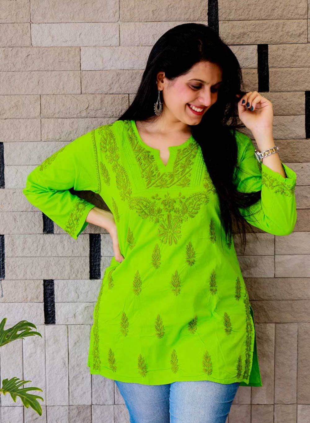 Parrot Green Checks - Gulshan Cotton Chikankari Short Top