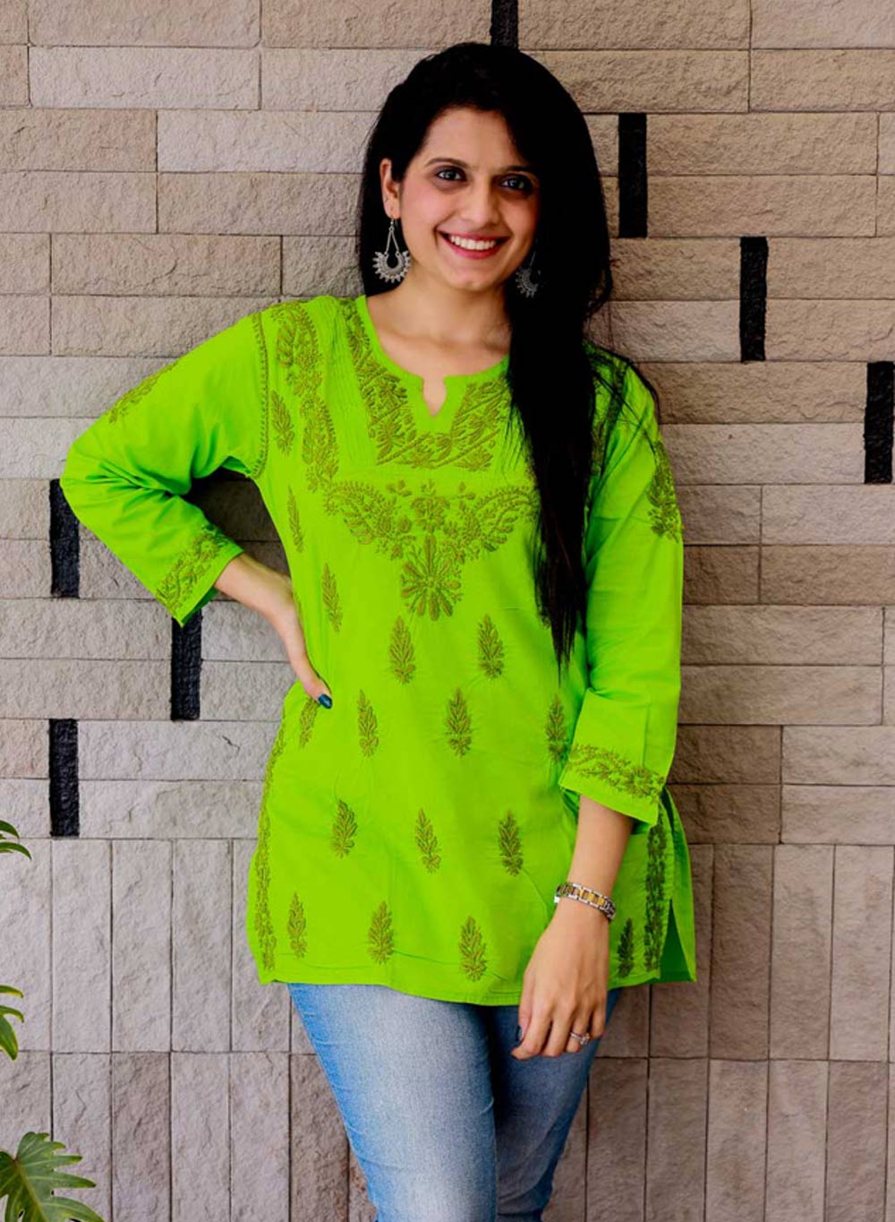 Parrot Green Checks - Gulshan Cotton Chikankari Short Top
