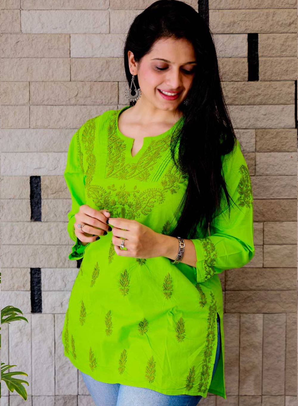Light Green Checks - Gulshan Cotton Chikankari Short Top
