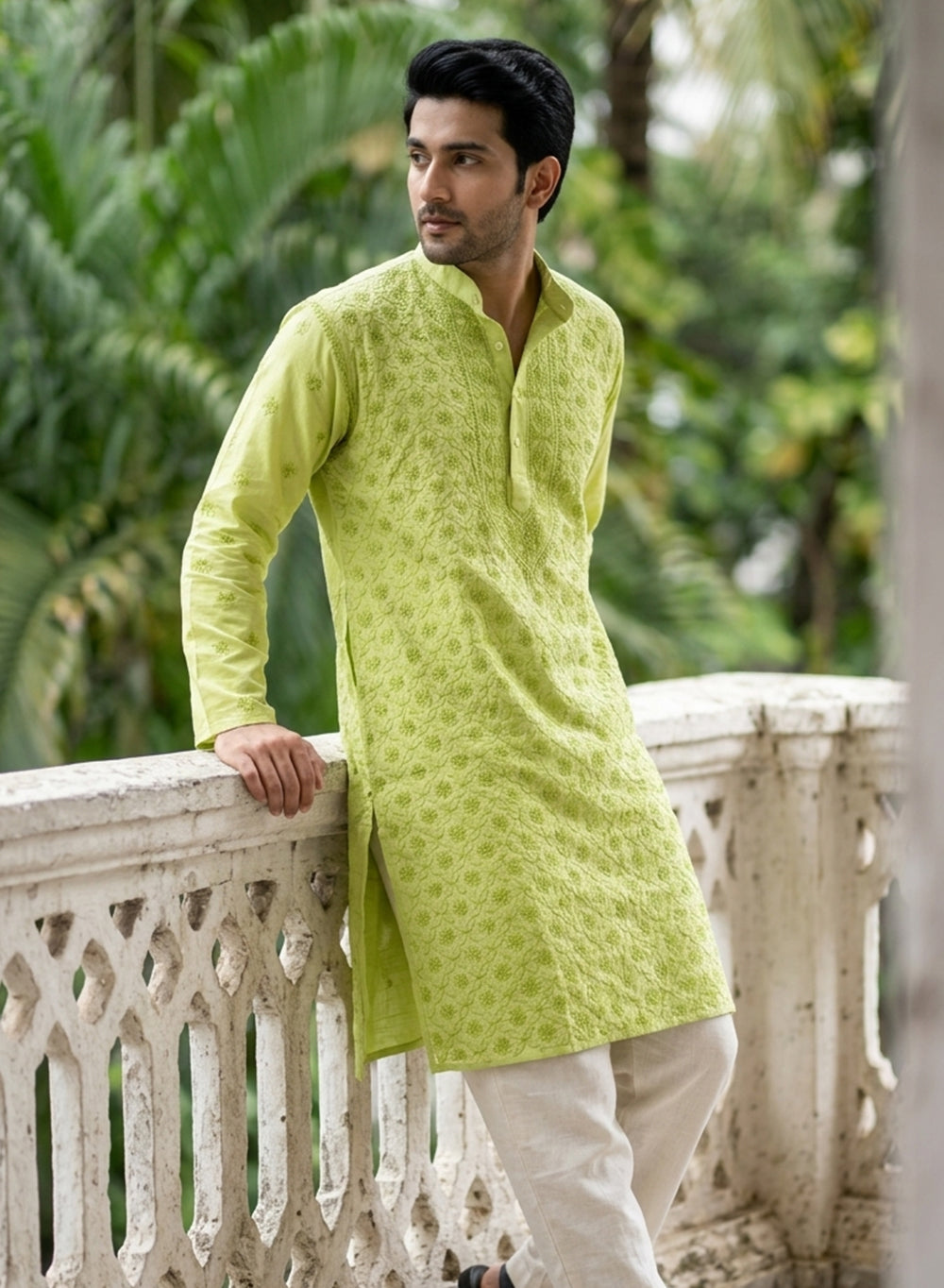 Light Green - Nawab Floral Front Jaal Cotton Chikankari Kurta