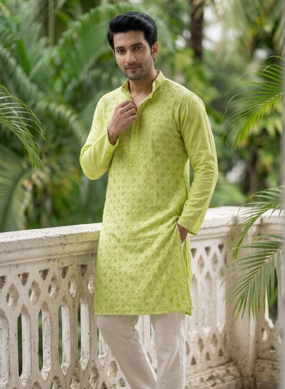 Light Green - Nawab Floral Front Jaal Cotton Chikankari Kurta