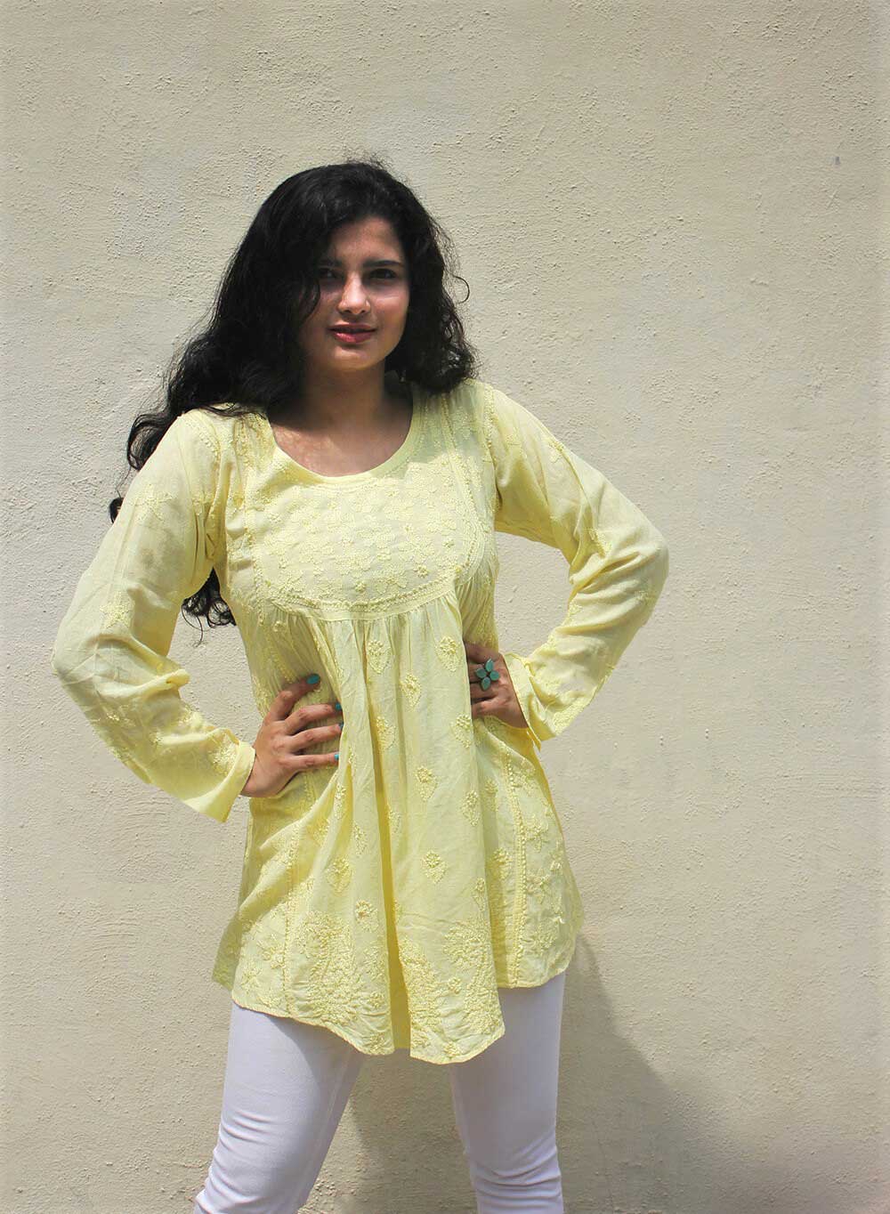 Light Yellow - Resham Thread Gulshan Chikankari Short Top