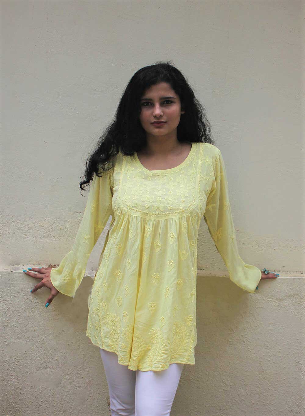 Light Yellow - Resham Thread Gulshan Chikankari Short Top