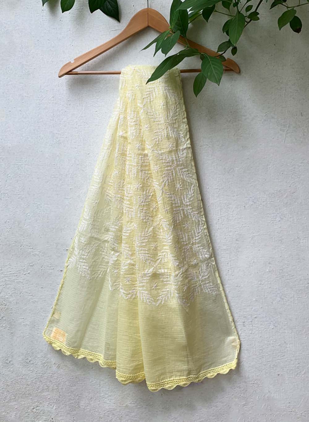 Light Yellow - Nazm Kota Cotton Chikankari Plain Border Dupatta