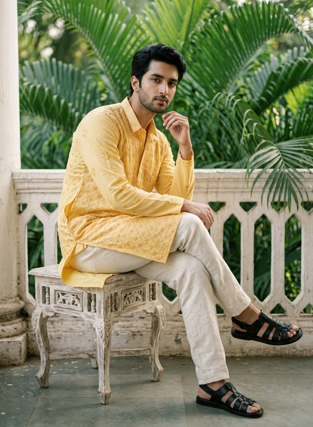Light Yellow - Nawab Floral Front Jaal Cotton Chikankari Kurta