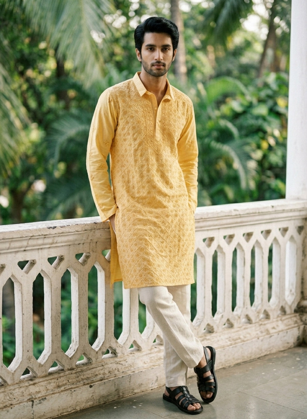 Light Yellow - Nawab Floral Front Jaal Cotton Chikankari Kurta