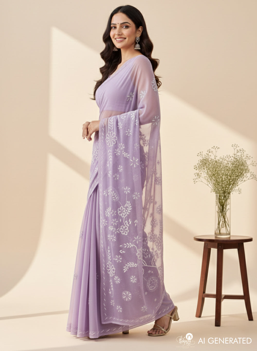 Lilac Katdana - Aks Georgette Chikankari Saree
