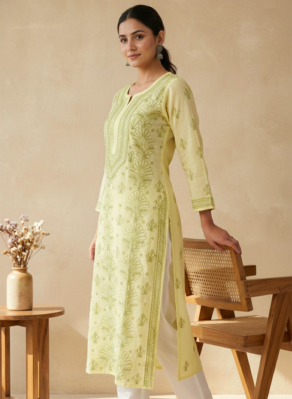 Lime Yellow With Green Thread - Cotton Terry Voile Bahaar Chikankari Kurta