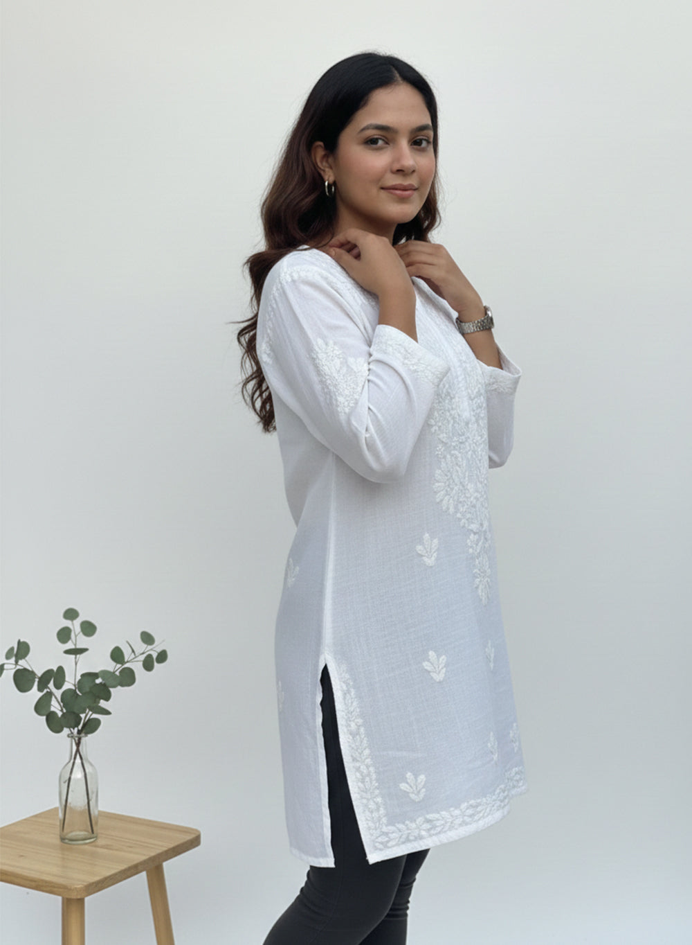 White - Gulshan Linen Cotton Double Layered Chikankari Short Top