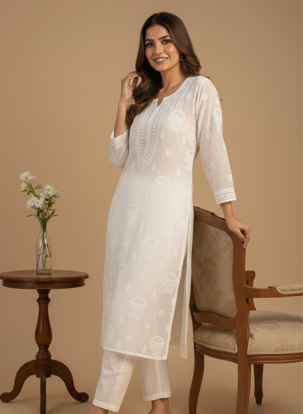 Neerja White - Anjuman Lotus Design Muslin Sequins Chikankari Kurta