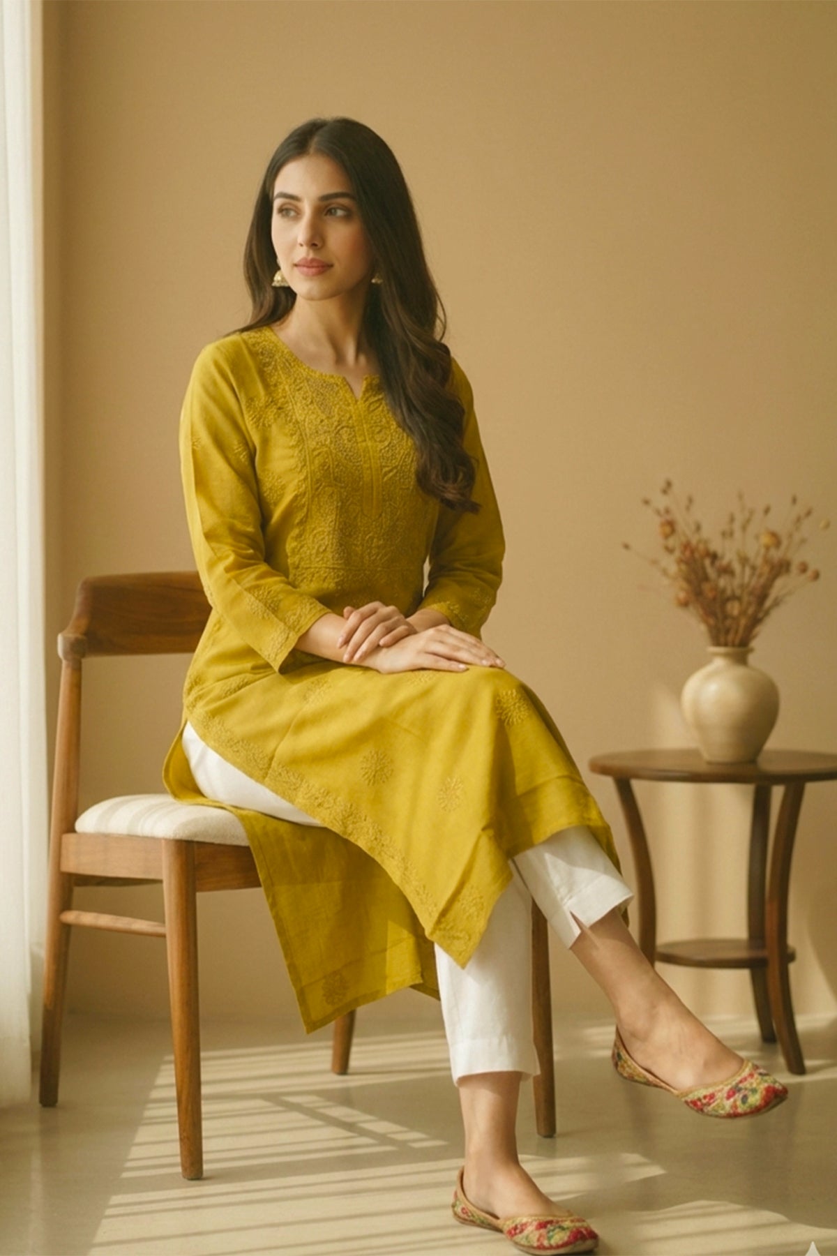Swara Yellow - Anjuman Chanderi Cotton Chikankari Kurta