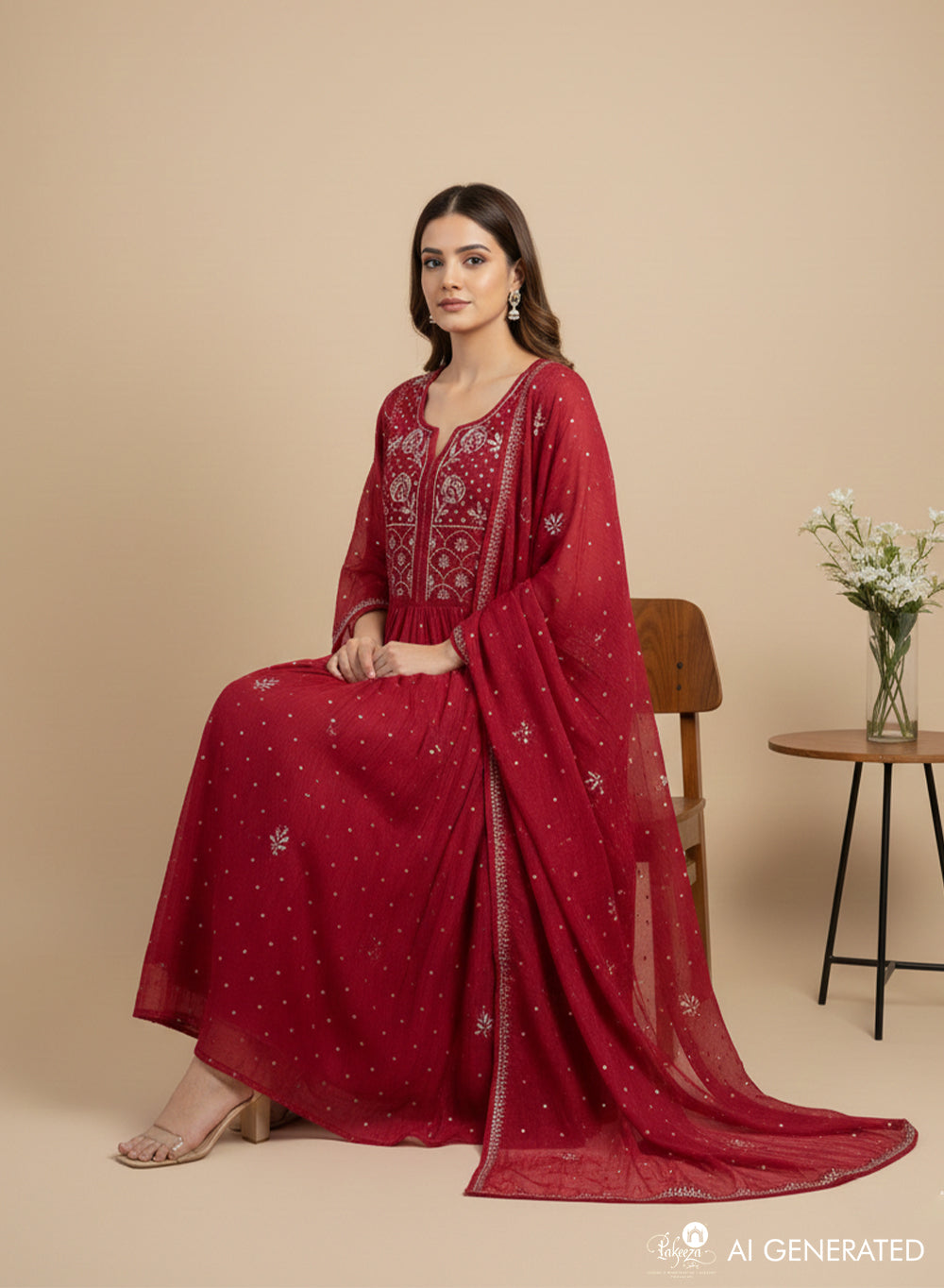 Maroon - Nayaab Chanderi Semi-Stitched Panel Design Chikankari Kurta & Dupatta Fabric With Soft Lining