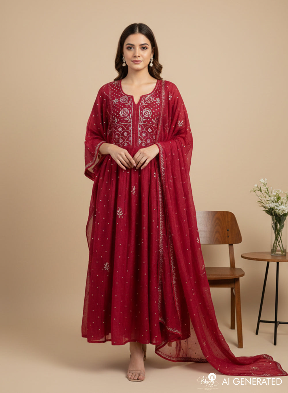 Maroon - Nayaab Chanderi Semi-Stitched Panel Design Chikankari Kurta & Dupatta Fabric With Soft Lining