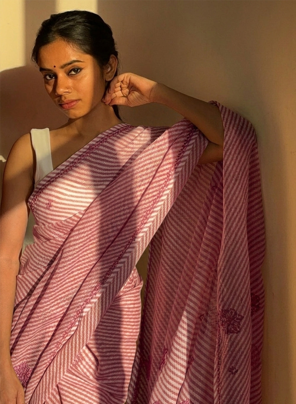 Mauve Lehariya - Kota Aks Cotton Chikankari Saree