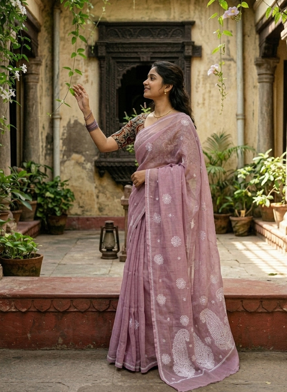Mauve - Cotton Terry Voile Aks Chikankari Saree