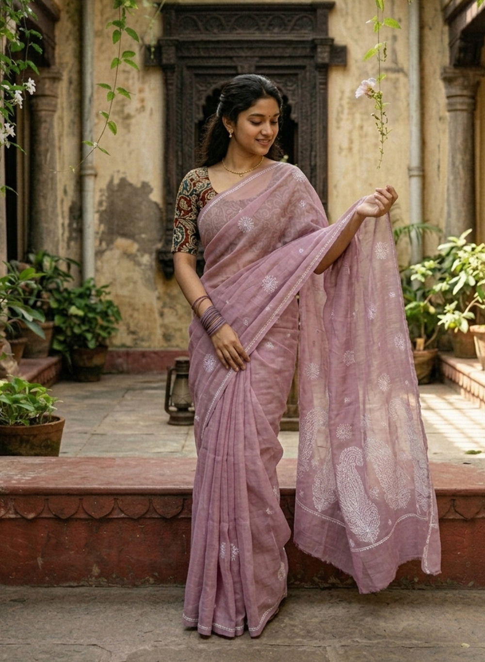 Mauve - Cotton Terry Voile Aks Chikankari Saree