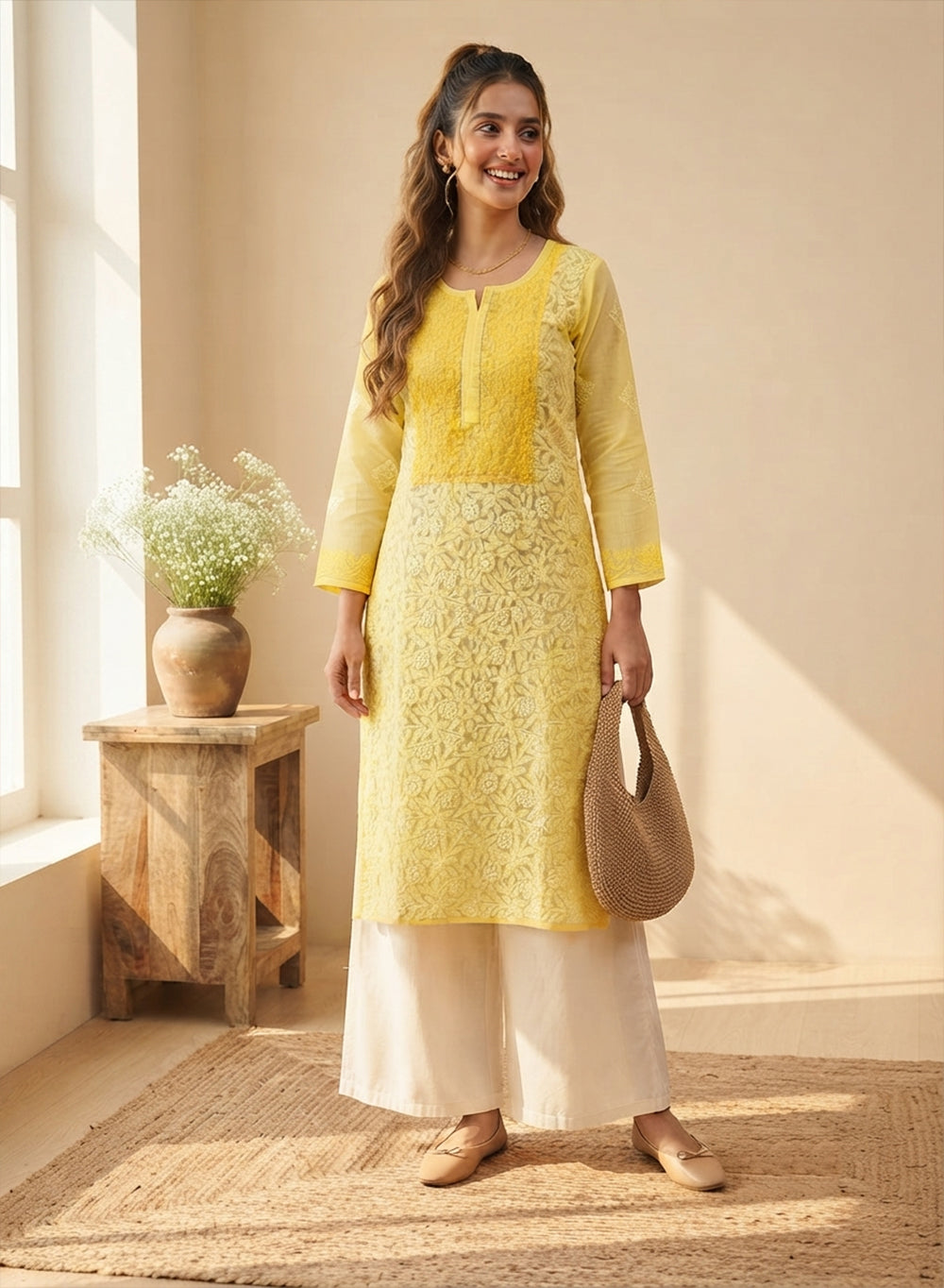 Mehak Yellow - Cotton Terry Voile Bahaar Chikankari Kurta