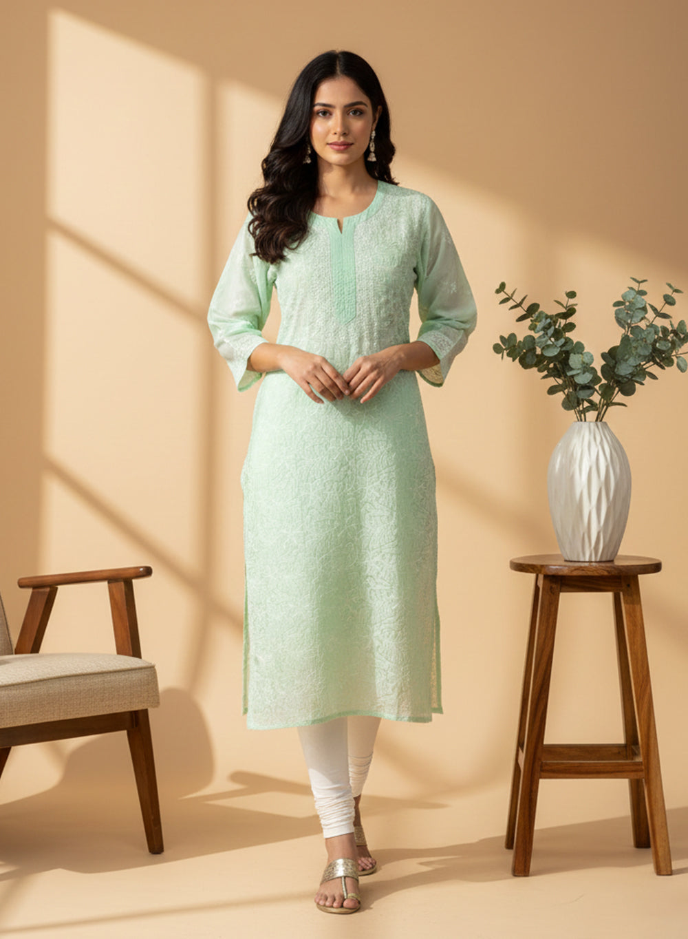 Mint Green - Bahaar Cotton Terry Voile Chikankari Kurta