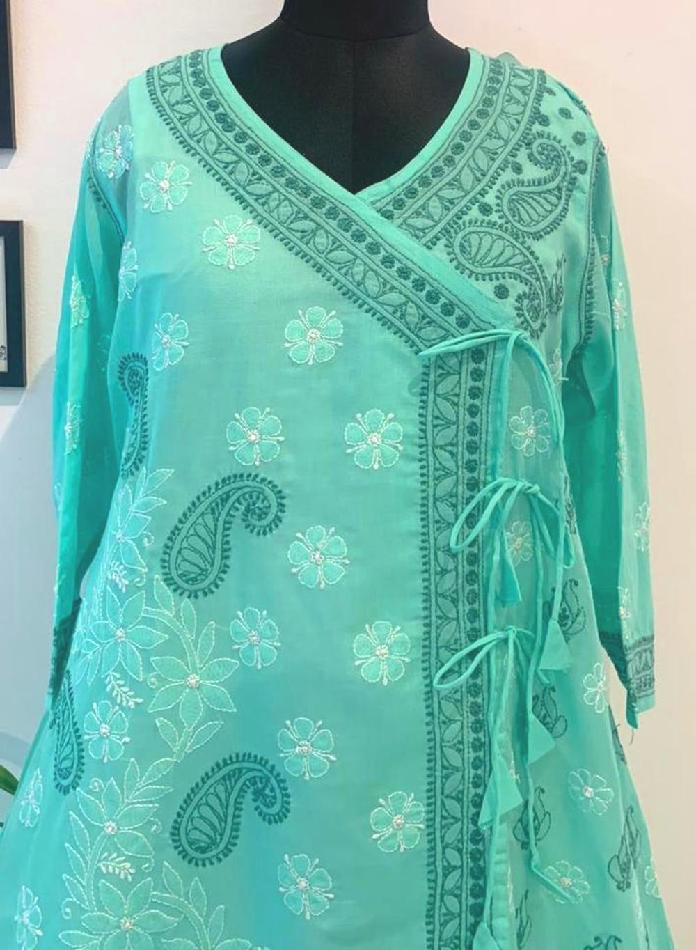 Mint Green - Bahaar Cotton Terry Voile Chikankari Angarakha