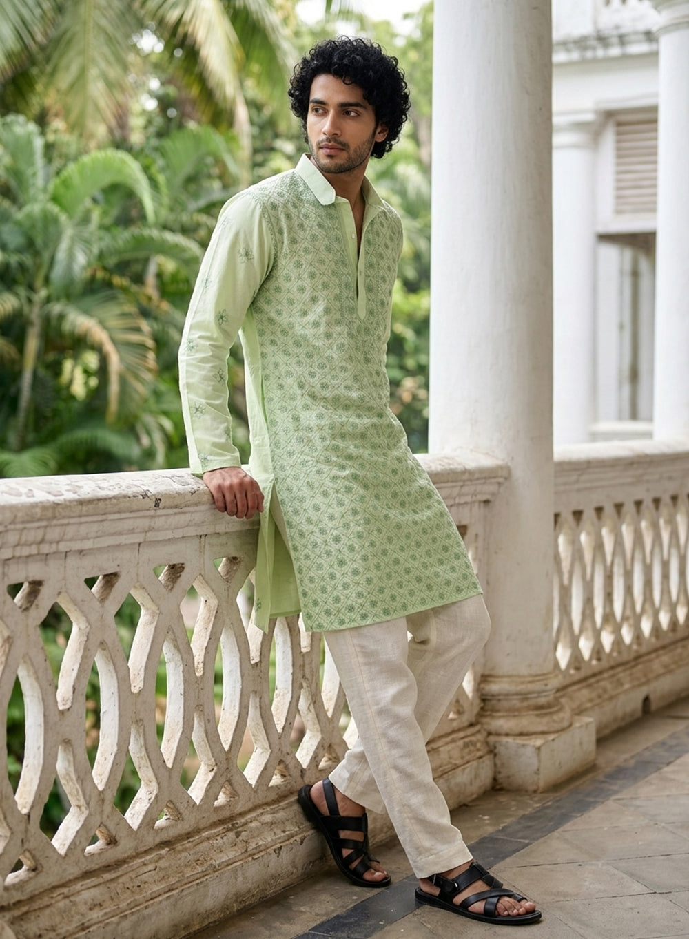 Mint Green - Nawab Floral Front Jaal Cotton Chikankari Kurta