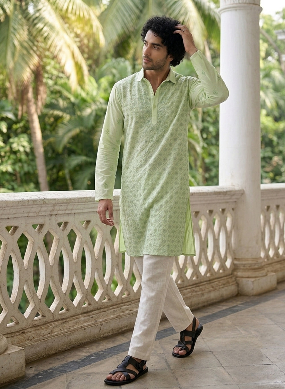 Mint Green - Nawab Floral Front Jaal Cotton Chikankari Kurta